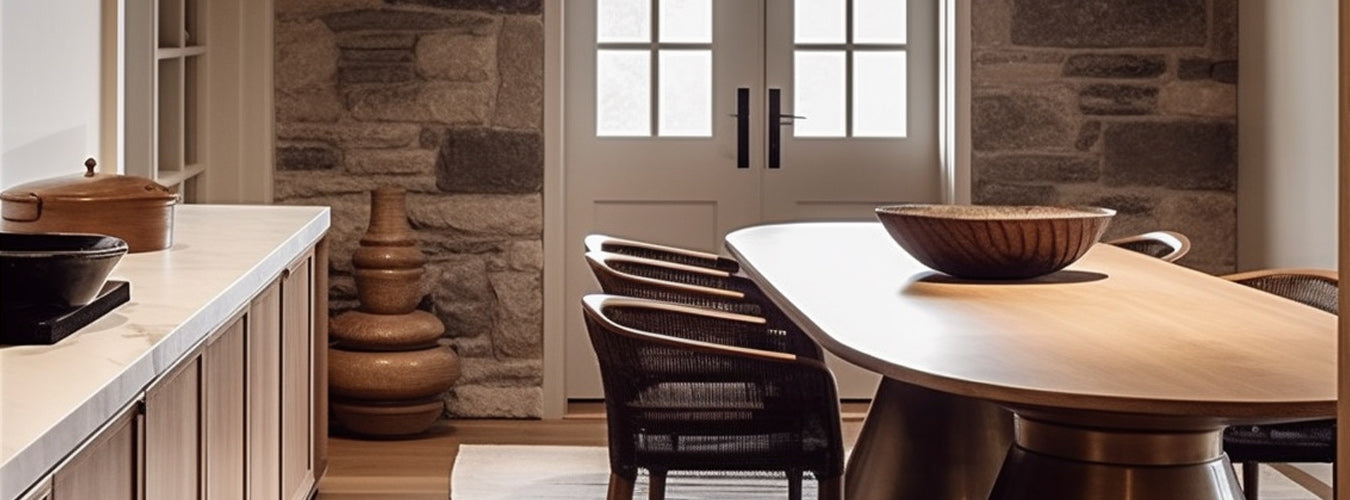 A simple kitchen with a few utensils on the counter and a dining table next to it.