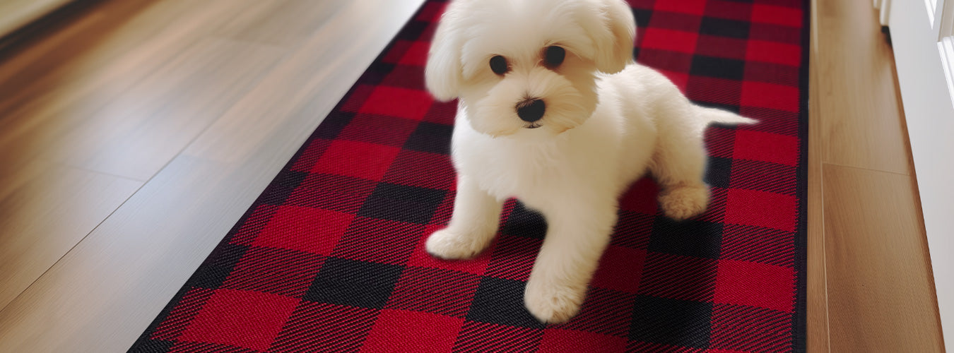 An adorable puppy sits on a matace red and black plaid kitchen mat.