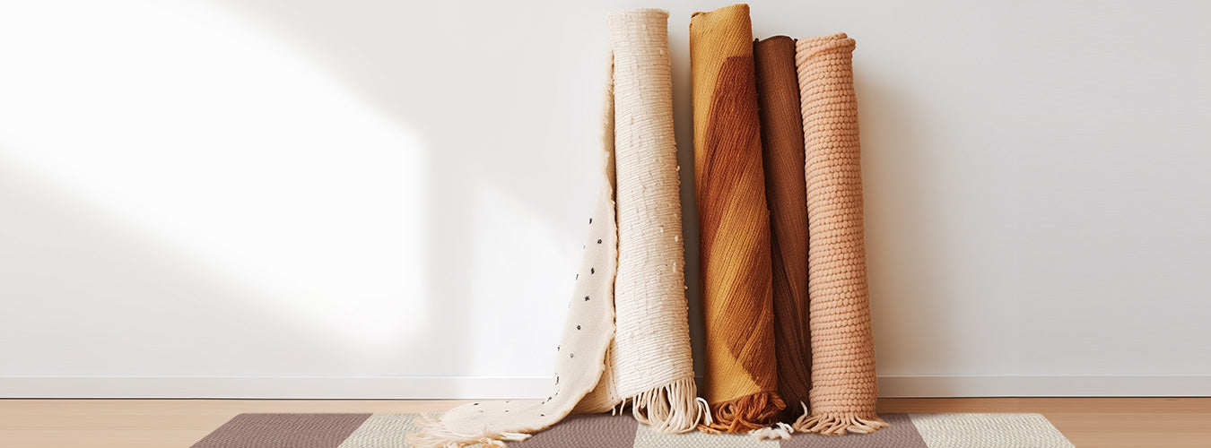 Different colored rugs rolled up against the wall on Matace Berber carpet tiles.