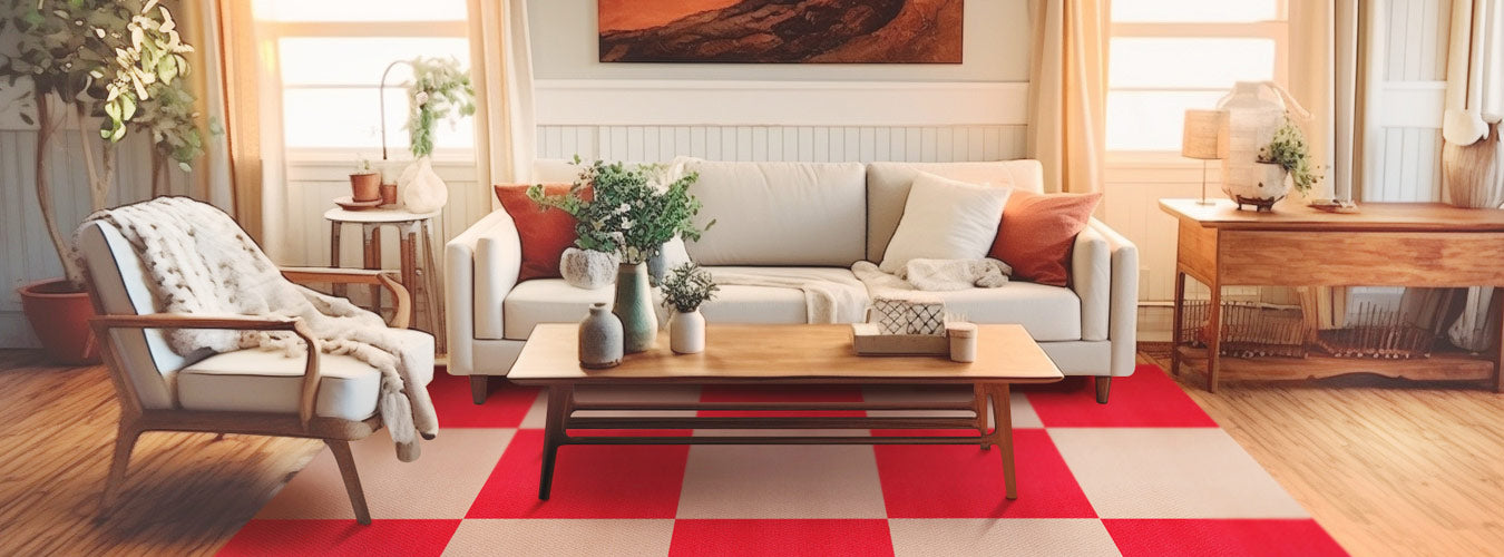 In a modern open-plan living room, Matace red and beige carpet squares lie under sofas and chairs.