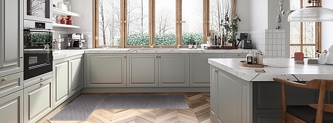 Matace Extra Wide Plush Kitchen Rugs Set-Chevron Pattern is laid out in a modern style large L-shaped kitchen.