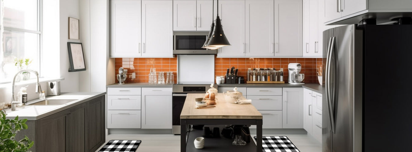 Matace Machine Washable Kitchen Rugs Set - Buffalo Plaid in a modern kitchen.