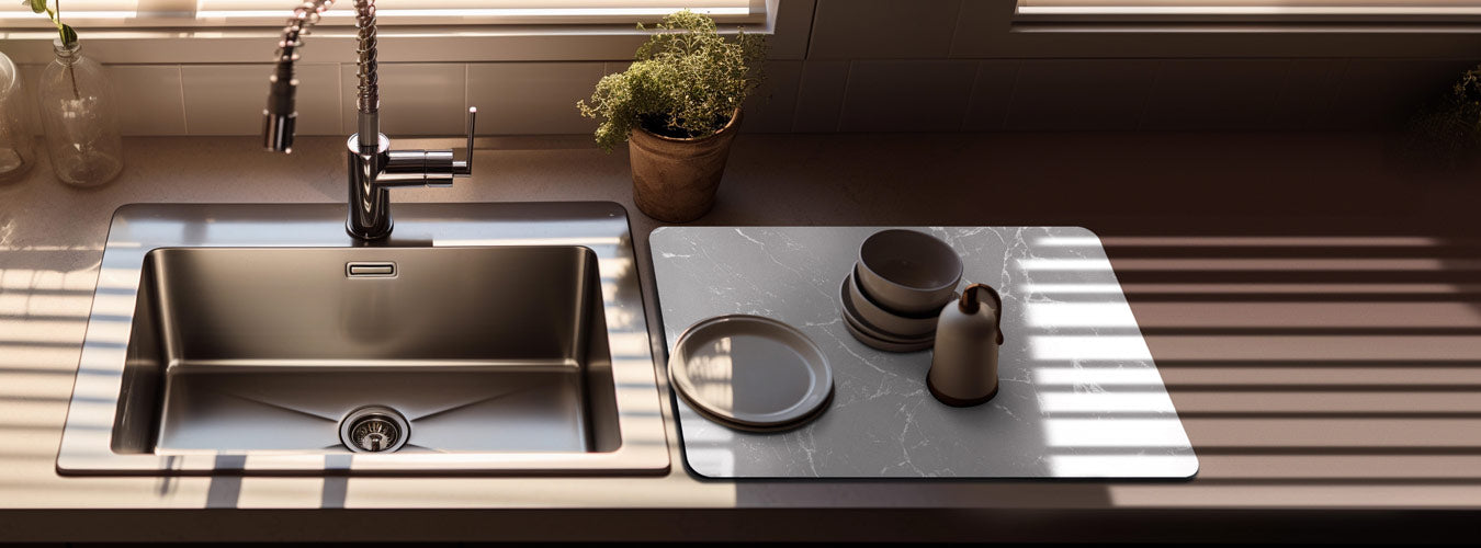 Some plates and cups placed on Matace dish drying mats in a modern kitchen.
