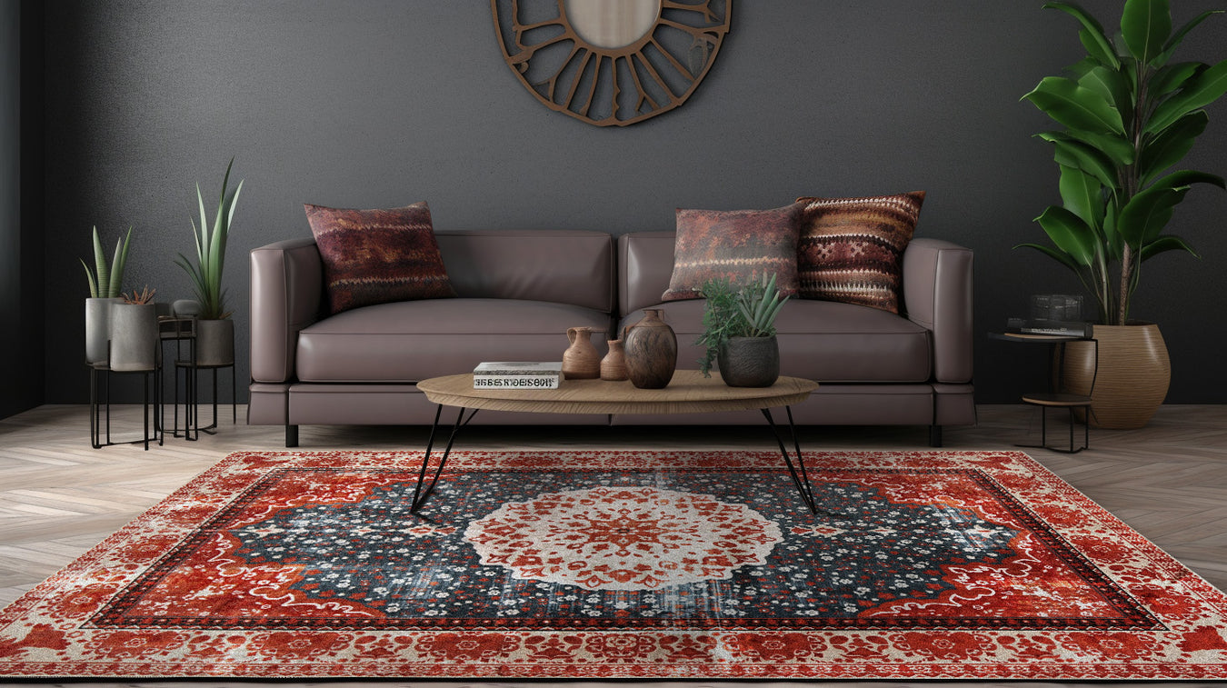 Matace boho style area rug on living room floor