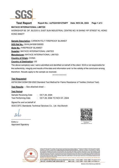 SGS Test Report Flame Resistance ASTM D6413 for Matace Carbon Felt Welding Blanket AJFS2410012764FF_01