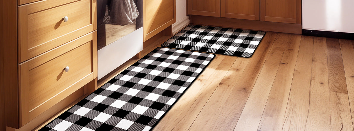 Matace black and white plaid kitchen rug set laid in wood style kitchen.