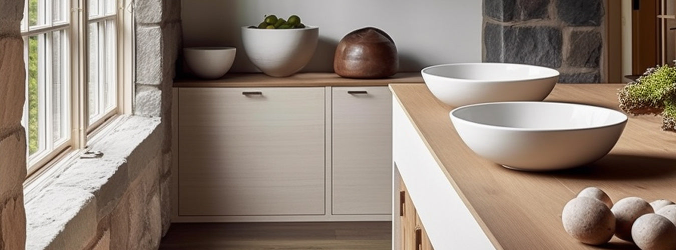 A Harajuku-style kitchen is lined with fruit and a few cutlery near the window.