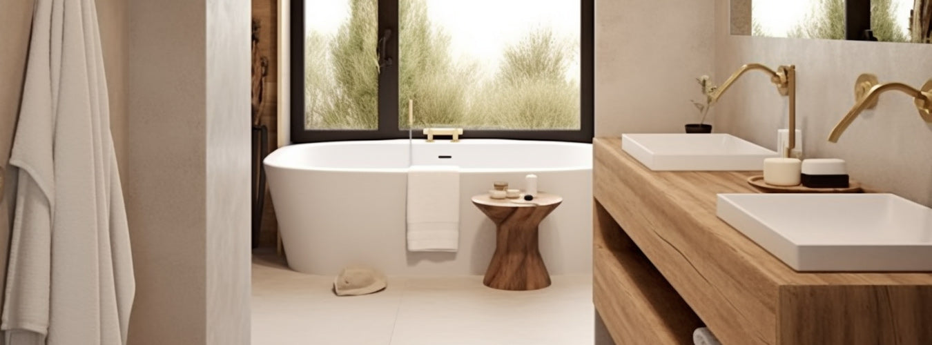 A log bathroom with a big bathtub in the middle.