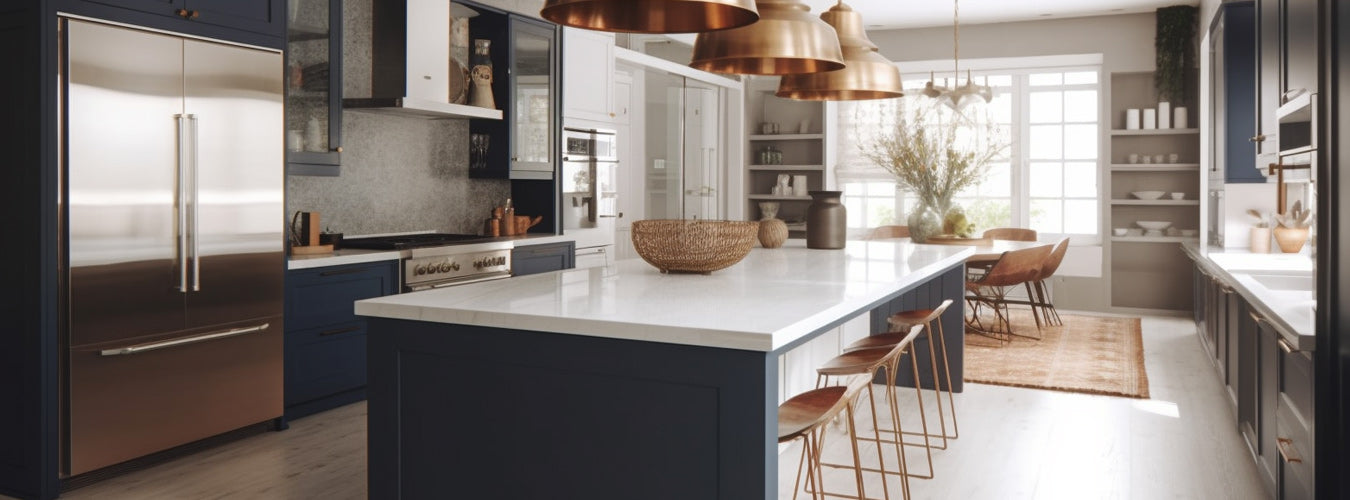 A luxurious double L-shaped blue large kitchen is stocked with plants and lots of cutlery, as well as a double-door refrigerator.