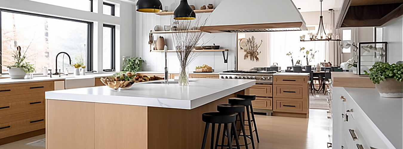 A luxurious double L-shaped large kitchen with some fruit and lots of cutlery.