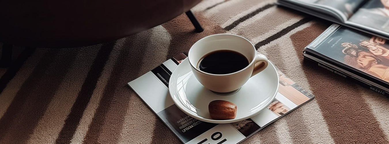 A magazine and a coffee mug are placed on a comfortable plush carpet. The cover of the magazine is a beautiful woman in a black top hat.