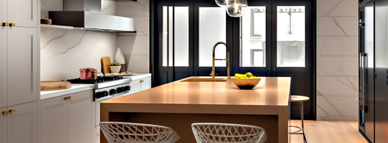 A simple style kitchen with dining tables on the kitchen island.