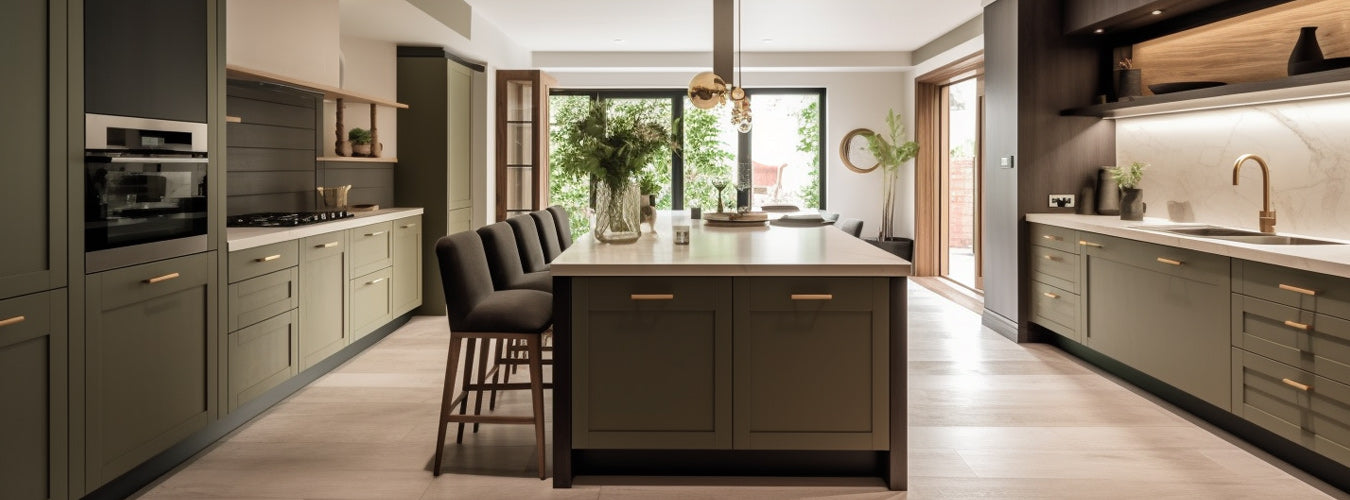 A very stylish double L-shaped green kitchen with plants and a few cutlery looks very luxurious.