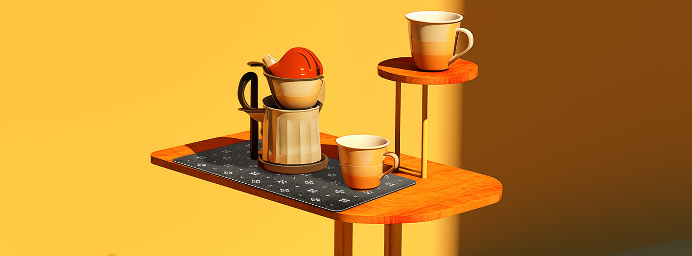 A wooden Coffee bar is lined with matace Coffee Maker Mat.