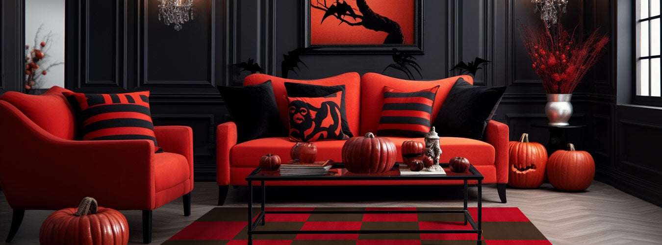 In a Halloween-inspired living room, the couch is red, the coffee table is decorated with large pumpkins, and Matace red and brown carpet squares are laid underneath.