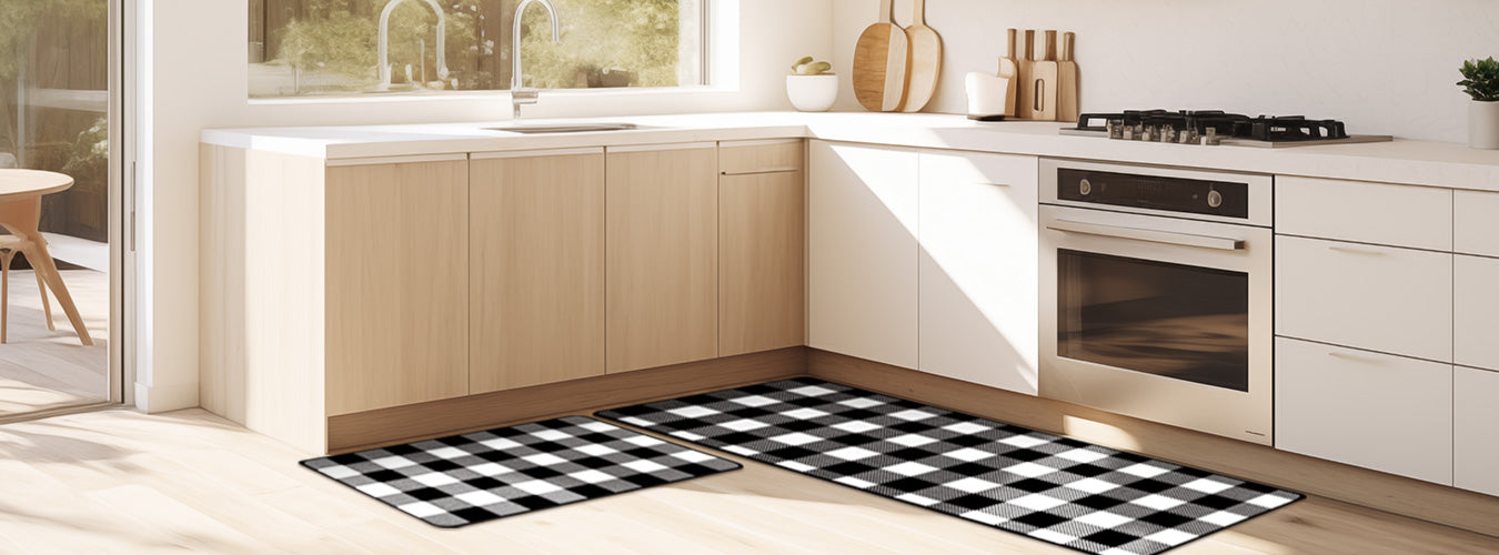 In a clean, uncluttered L-shaped kitchen, Matace washable kitchen MATS spread on the floor.