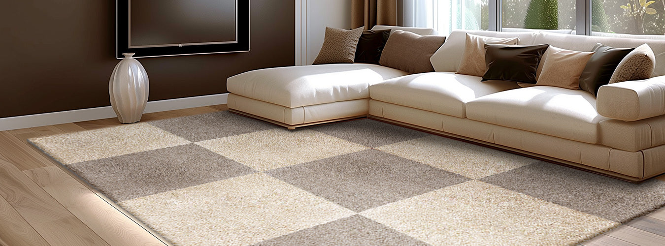 In a contemporary living room, Matace beige and brown carpet squares are laid out in the living room, and sofas are laid out on the carpet.