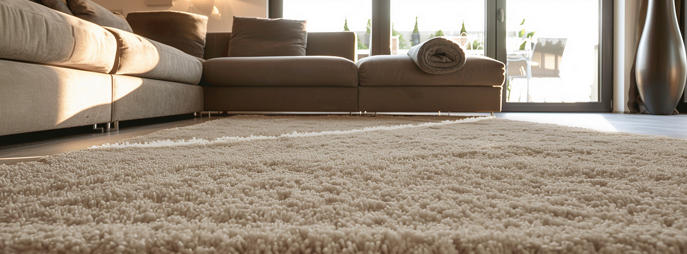 In a cosy living room, Matace beige long-haired carpet tiles lay under the sofa.