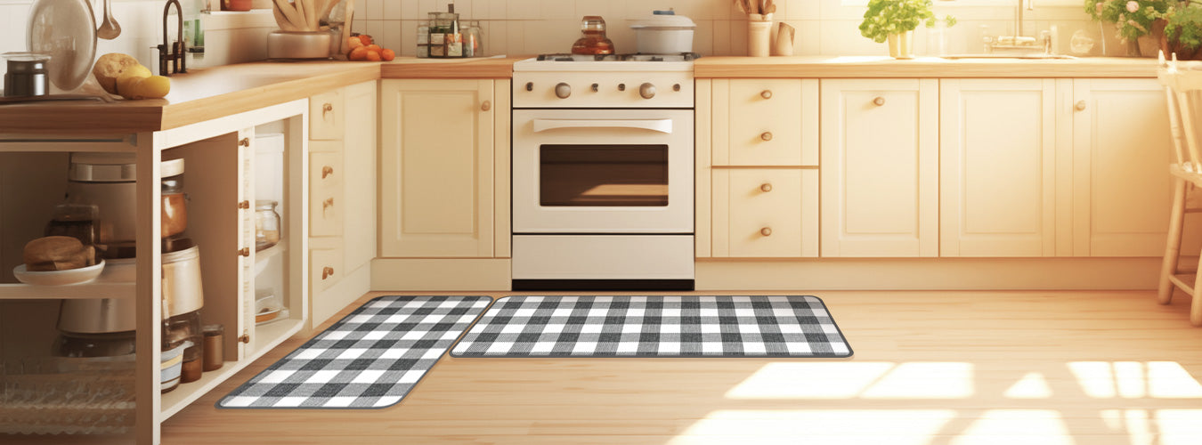 In a farmhouse style L-shaped Kitchen, Matace grey-white Gingham Kitchen Rug Set is spread on the ground.