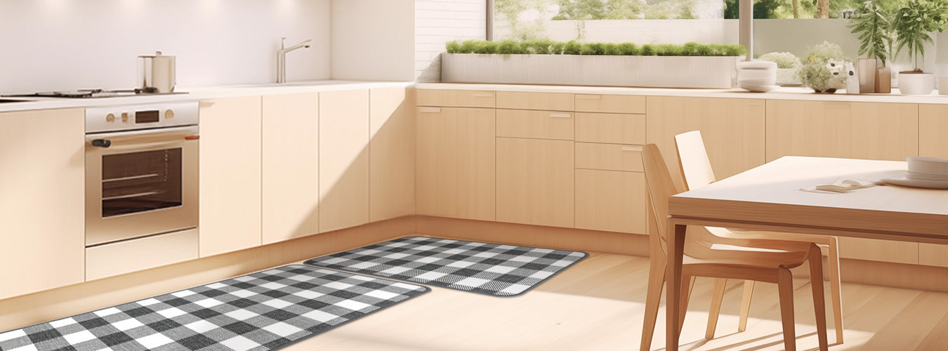 In a log-style kitchenette, Matace rugs for kitchen floor is spread on the ground.