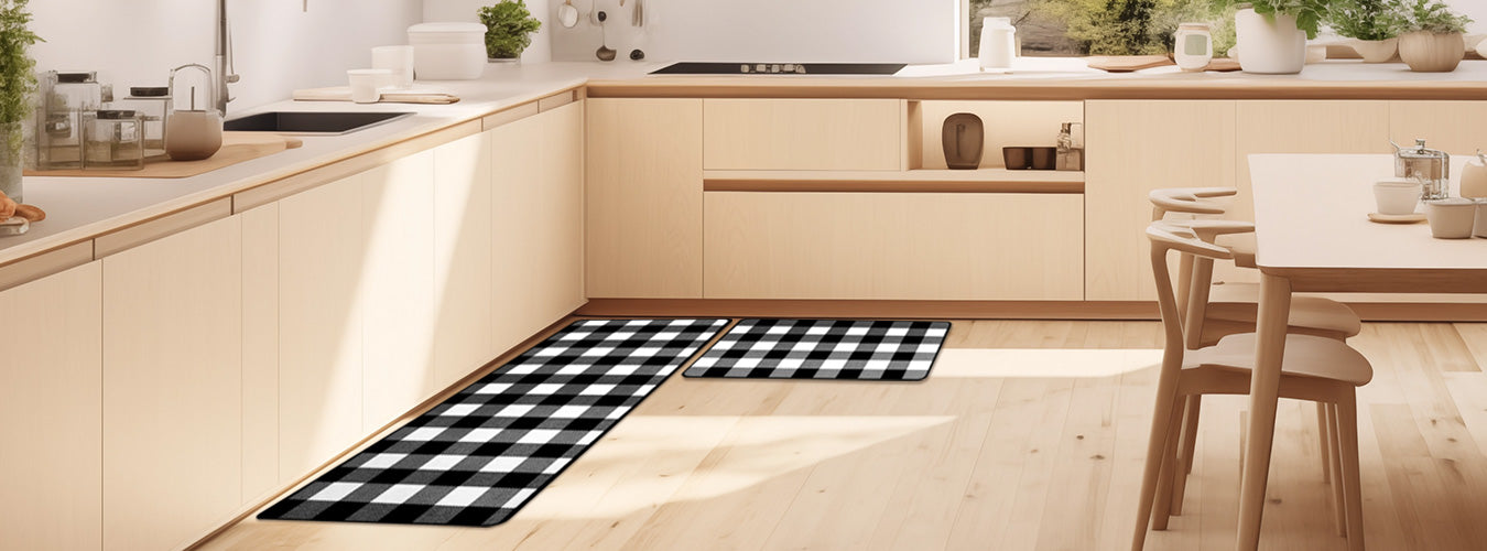 In a lovely L-shaped Kitchen, Matace Black and White Checkered Kitchen Mat spread on the ground.