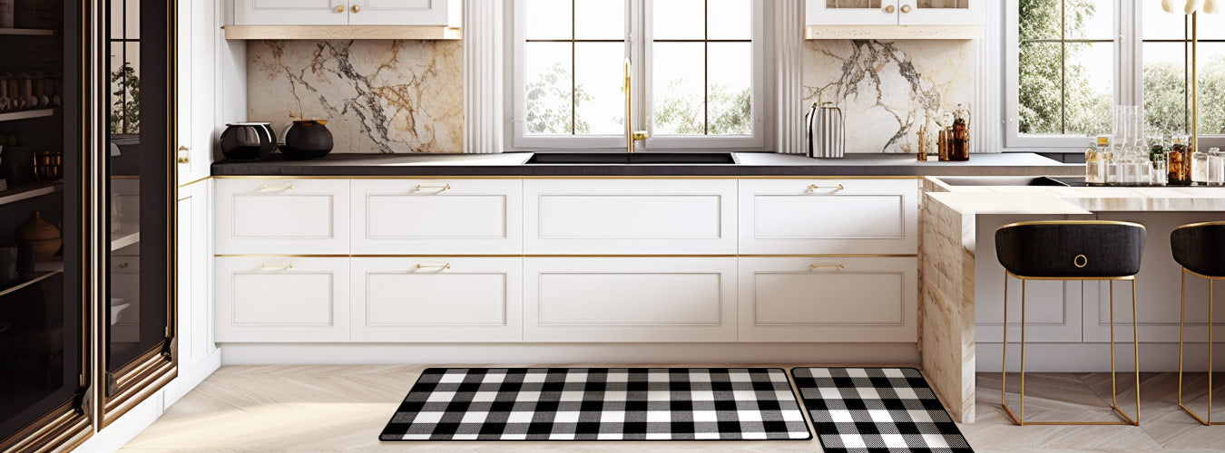 In a modern kitchen, covered with Matace's black and white plaid kitchen rug from Scotland.