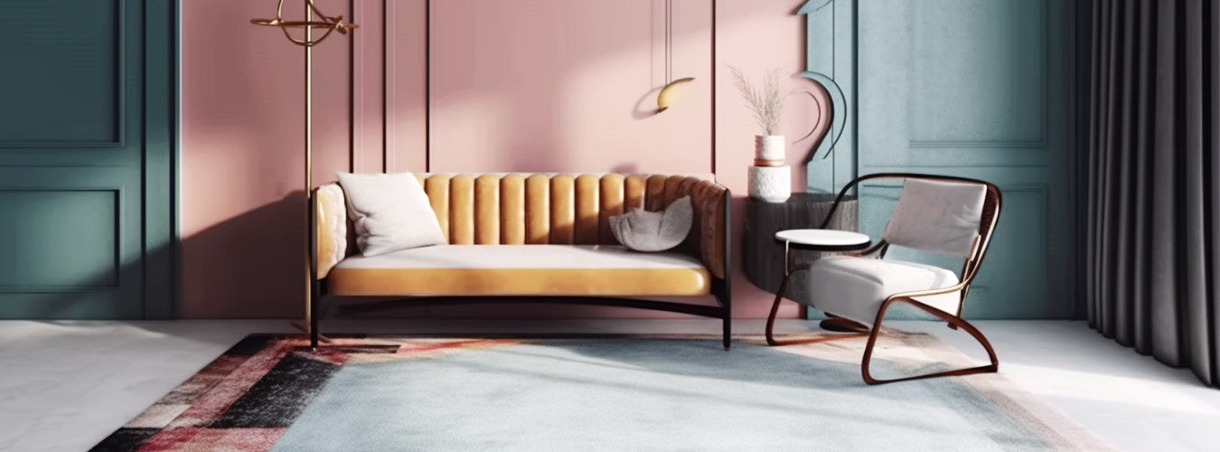 In a pink minimalist room, there are a few rugs that look very cozy. There is also an orange chair on the carpet.