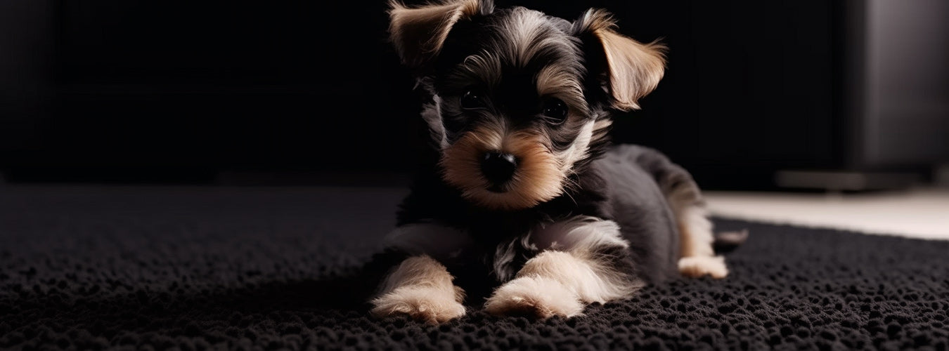 In a room covered with black carpet, a brown puppy is lying on the black carpet looking at you!