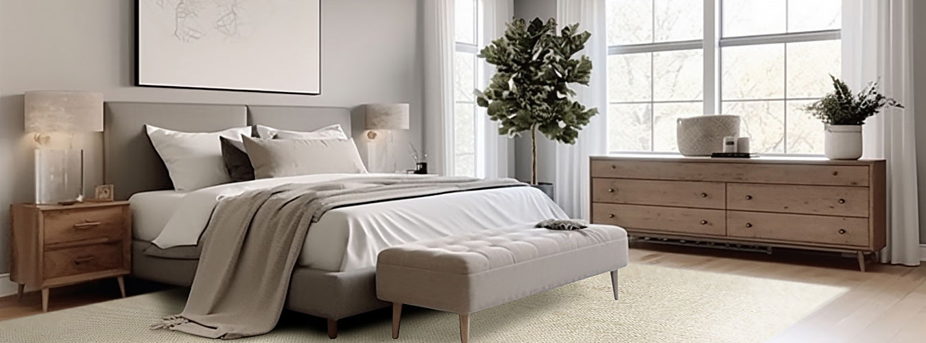 In a simple log style bedroom, there are beige Matace Carpet Squares.