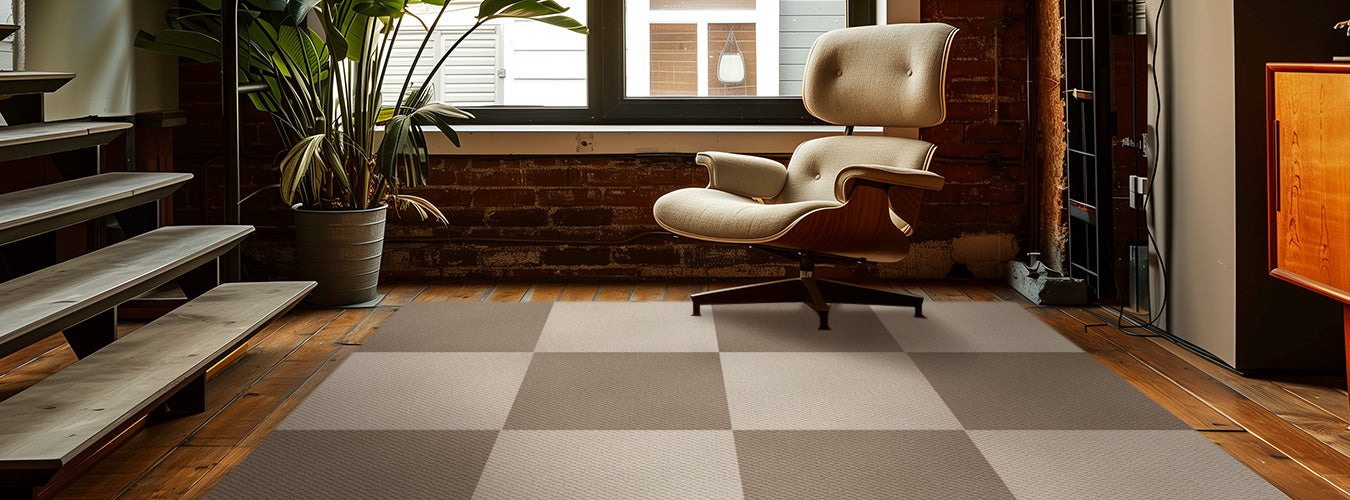 In a slightly older log living room, Matace gray and brown carpet squares lay under chairs.