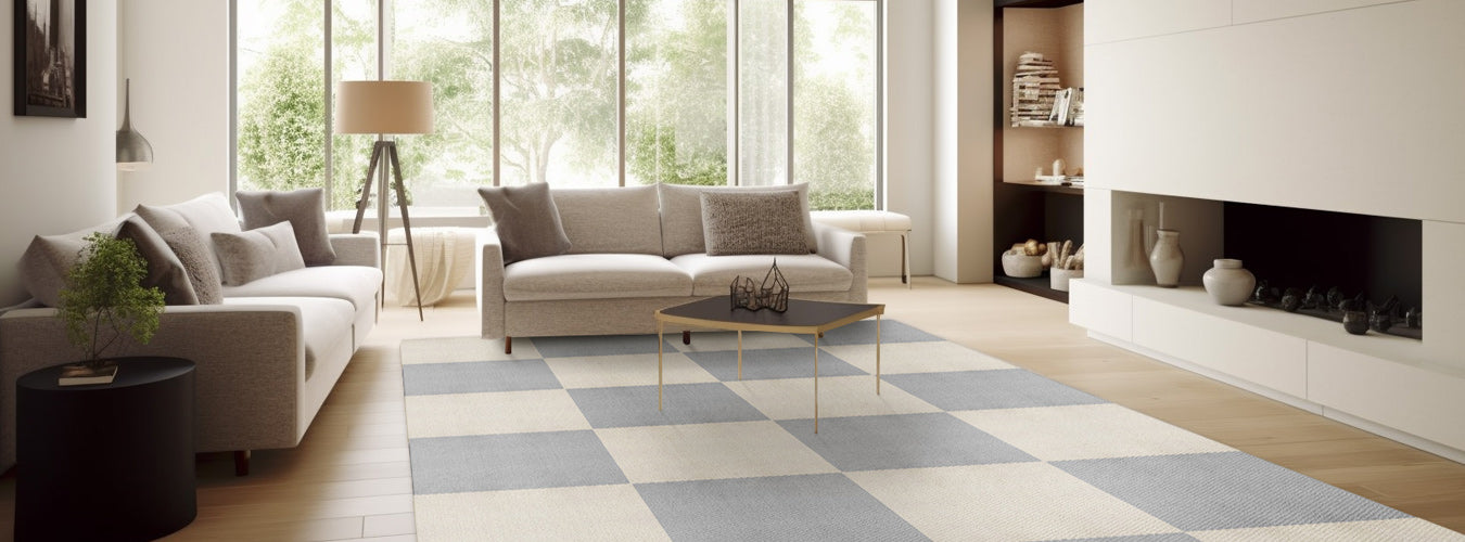 In a spacious, minimalist living room, Matace Carpet Squares are laid out in gray and beige.
