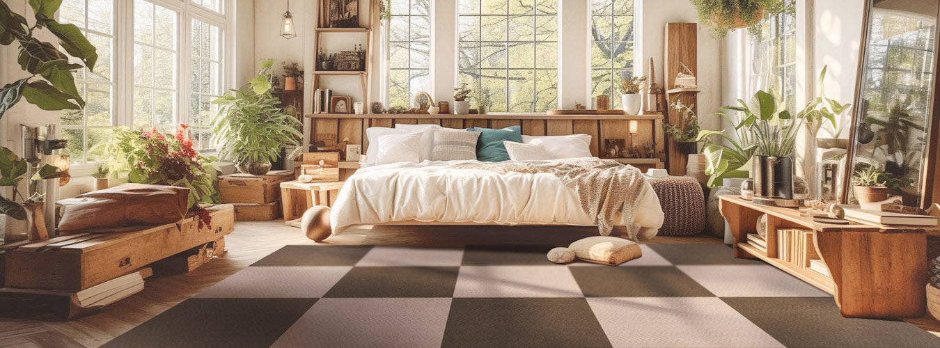 In a spacious modernFarmhouse bedroom, there are three large Windows. Matace brown and beige carpet squares cover the spacious area of the bedroom.
