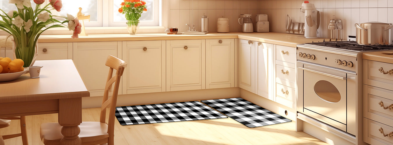 In a sunny L-shaped kitchen, Matace Buffalo Plaid kitchen MATS spread on the ground.
