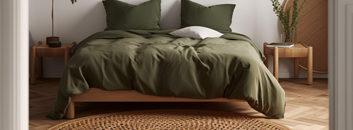 In a wood-style bedroom, there is a bed with a green quilt.