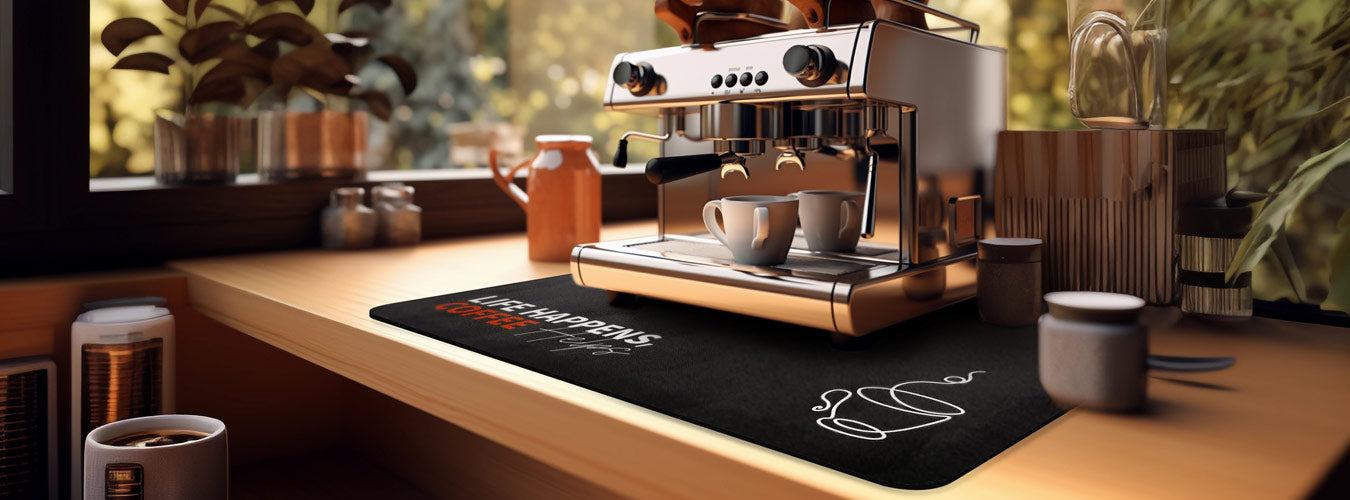 In a wood-style coffee bar with Matace Coffee laid out under the coffee machine 