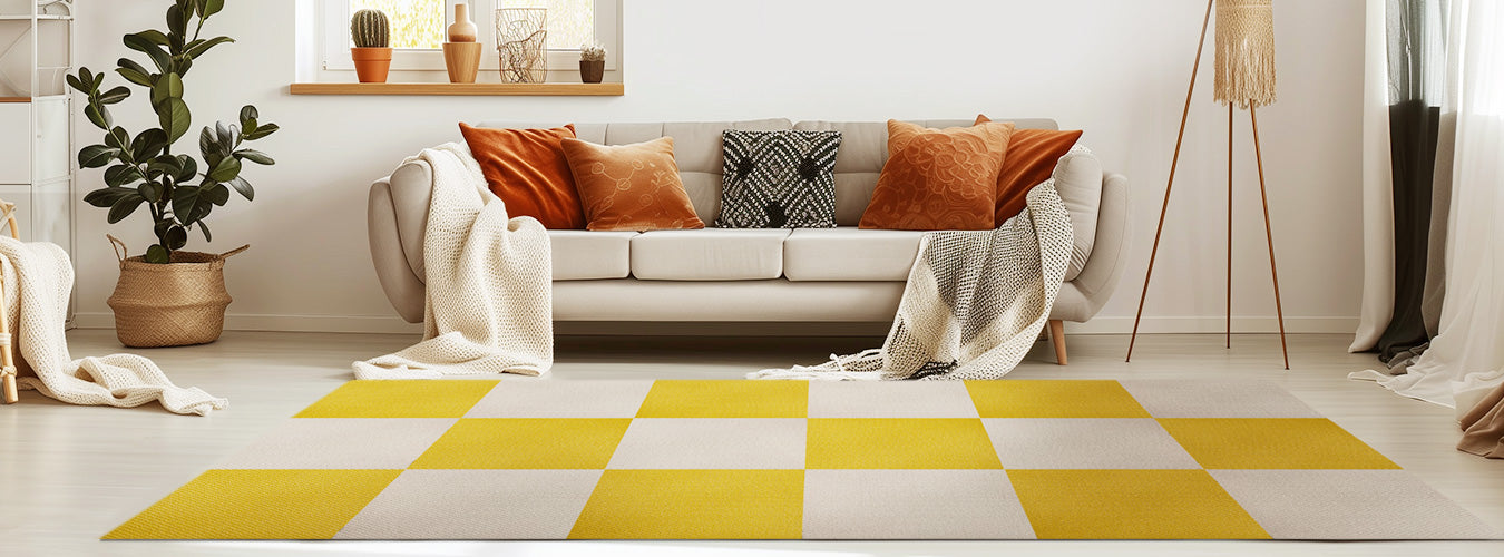In an Insta-inspired living room, Matace yellow and beige carpet squares line the floor.