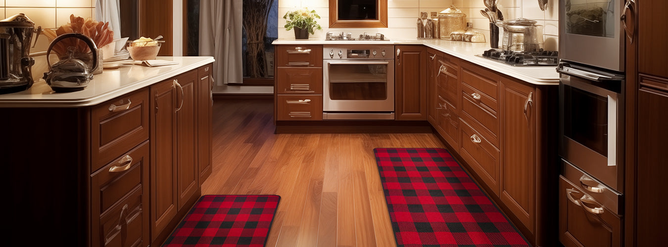 Matace Checkered Kitchen Mat is spread on the floor in a large, log-style L-shaped kitchen with an island.