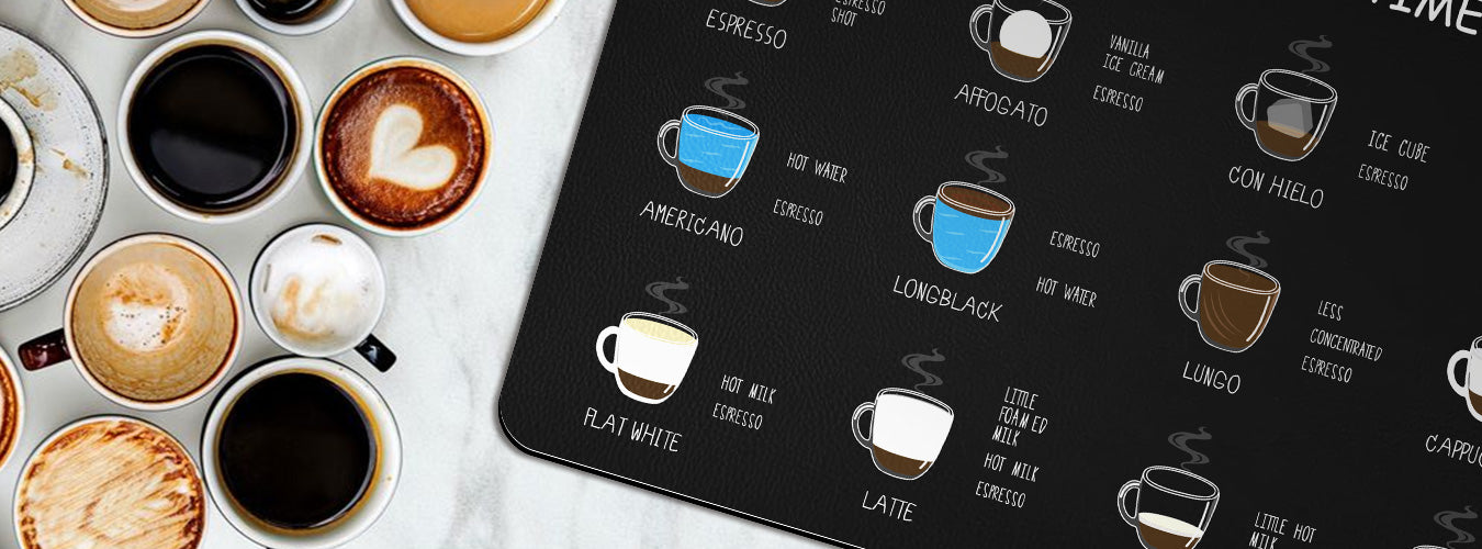 Matace Menu coffee MATS are spread next to different coffees