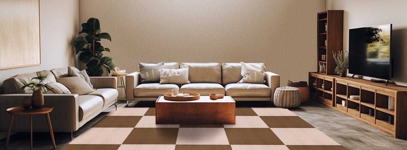 Matace beige and brown carpet Squares in a wood style basement.