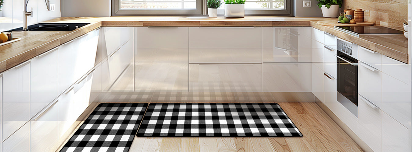 The Matace Buffalo Plaid kitchen rug is laid under a large, double L-shaped kitchen in a simple style.