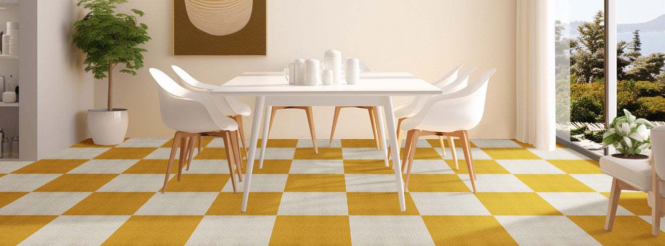 matace beige and yellow carpet squares are laid out in the ins style restaurant.