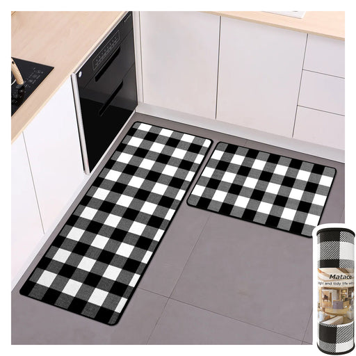 2 Pieces Sunflower Truck Decor Kitchen Mat Buffalo Plaid Kitchen Rugs Set  Black and White Rug, Water Absorb Microfiber Mat Checkered Rug for Kitchen,17x  47+17 x 23 
