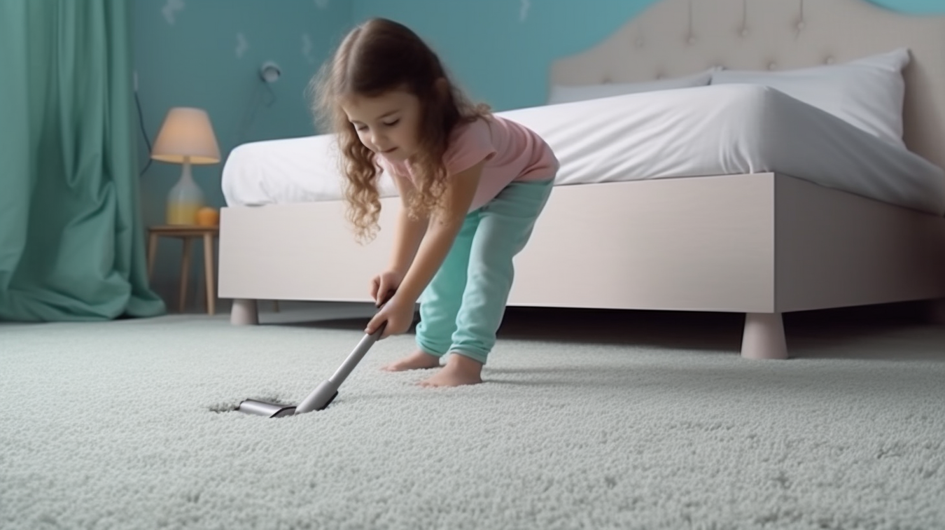 a cute little girl useing a matace hair remover cleaning