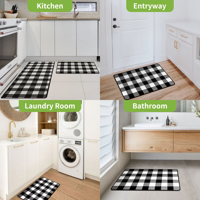2 Pieces Sunflower Truck Decor Kitchen Mat Buffalo Plaid Kitchen Rugs Set  Black and White Rug, Water Absorb Microfiber Mat Checkered Rug for Kitchen,17x  47+17 x 23 