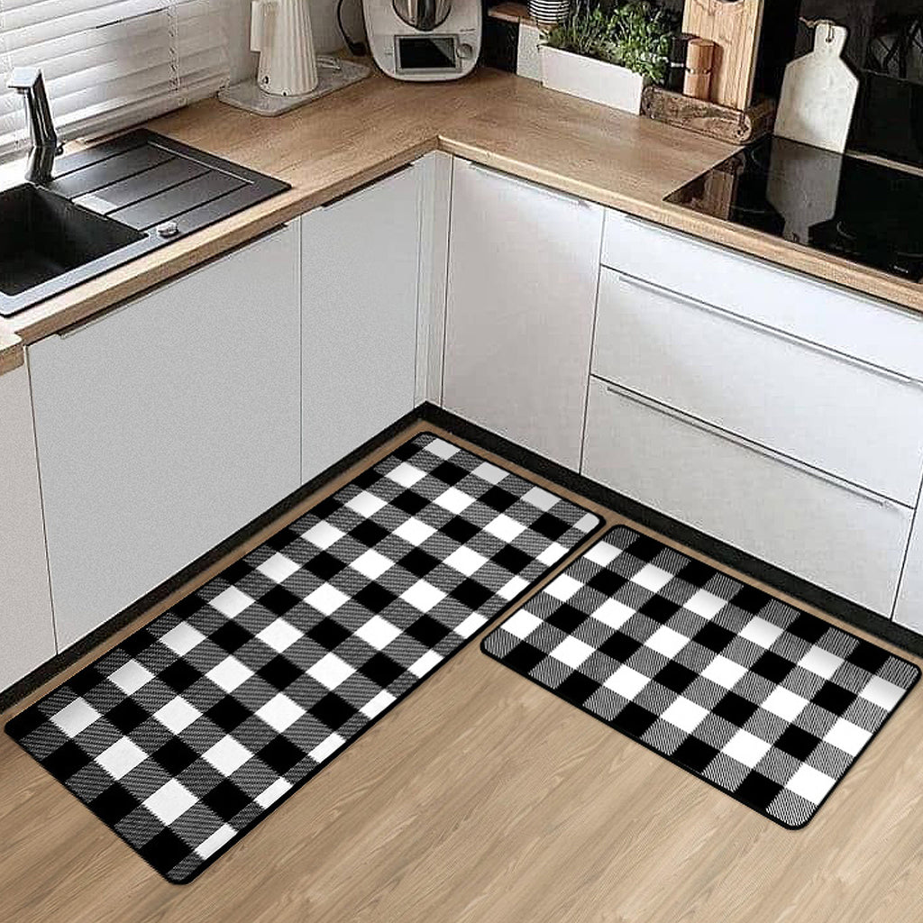 Black Kitchen Rugs and Mats Sets of 2,Black White Buffalo Plaid Kitchen  Decoration Non-Slip Absorbent Kitchen Mats for Sink Waterproof Runner Rug  for Laundry Room 