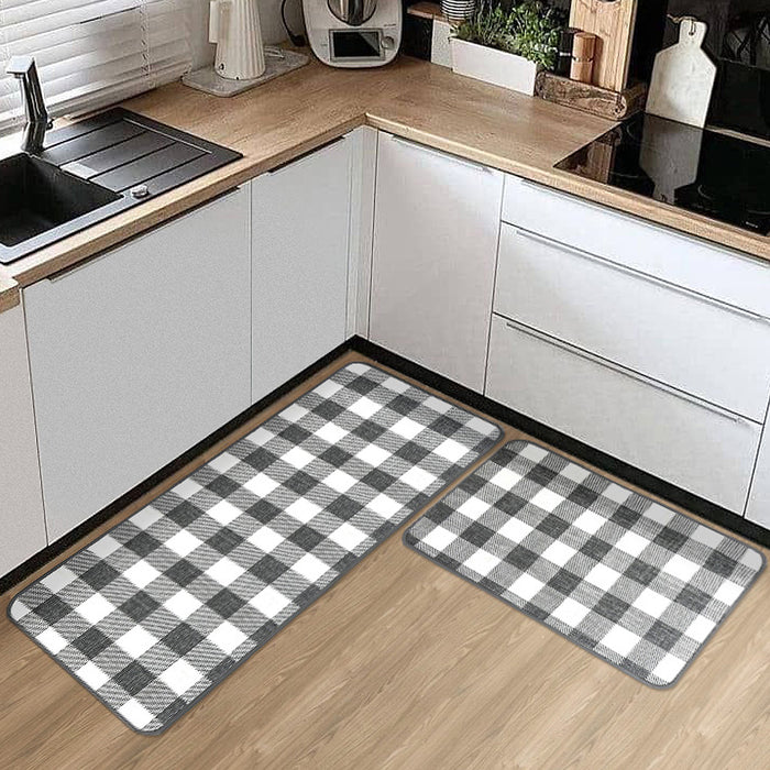 Matace Cushioned Non Slip Kitchen Rug and Runner Sets 2 Piece Machine Washable Modern Geometric Gray and White Buffalo Plaid