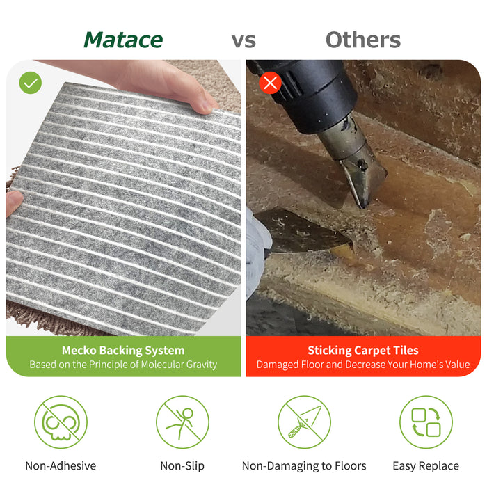 Matace Non-Adhesive Carpet Tiles Vs Sticking Carpet Tile Planks in Two Images, in the Adhesive Damaged Floor and Decrease Your Home's Value