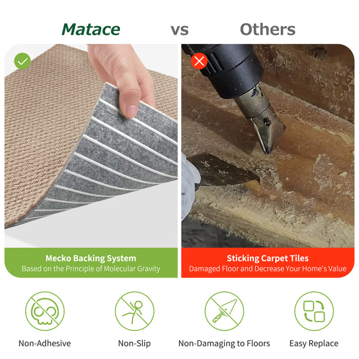 Matace Non-Adhesive Carpet Tiles Vs Sticking Carpet Tiles in Two Images, in the Adhesive Damaged Floor and Decrease Your Home's Value
